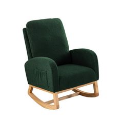 a green rocking chair with wooden legs and armrests on an isolated white background