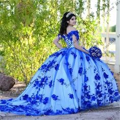 Royal Blue Beaded 3D Flowers Quinceanera Dresses Off Shoulder Ball Gown Sweet 16 | eBay Royal Blue Quince Dress, Quinceanera Dresses Princess, Blue Quince Dress, Royal Blue Quinceanera Dresses, Quinceanera Dresses Mexican, Blue Quinceanera Dresses, Royal Blue Quinceanera, Vestido Charro, Quince Dresses Blue