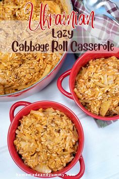 three red casserole dishes filled with mexican cabbage roll casserole on a white table