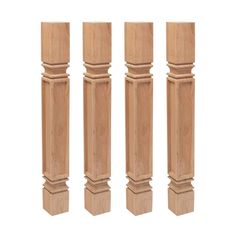 four wooden posts are lined up in the same pattern as one another on a white background