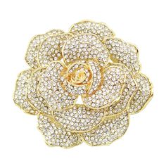 "Gorgeous dimensional rhinestone rose brooch embellishment in gold tone setting featuring dazzling clear crystals, can be used for your DIY project - gold wedding, gold brooch bouquet, dress sash decor, cake and frame decoration, corsage, event decor, crafts, scrap booking, jewelry gift and much more.  Size: 2 1/4\"H x 2 1/4\"W Metal: gold plated Not suitable for very thin fabric due to weight. This crystal flower brooch can be ordered with pin in the back to wire into brooch bouquet, add to wedding gown or dress sash, or any number of other craft projects or without the pin as a flat back embellishment for your sew-on, glue-on DIY project. Available in SILVER - www.etsy.com/listing/687758898/rose-brooch-rhinestone-silver-wedding" Rose Gold Brooch Bouquet, Pin Corsage, Bouquet Dress, Wedding Rose Gold, Flower Peony, Brooch Corsage, Rhinestone Rose, Frame Decoration, Wedding Rose