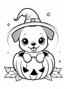 a dog wearing a witches hat sitting on top of a pumpkin with leaves around it