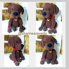 four pictures of a stuffed dog made to look like it is wearing a red collar