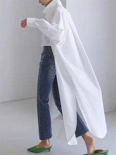 Flared Sleeves Long Sleeves Elasticity Flower Print Split-Joint Tied Waist Collarless Outerwear Long White Shirt, Maxi Tops, Loose Fit Shirts, Maxi Cardigan, Oversized Blouse, Vestido Casual, White Shirts, Casual Blouse