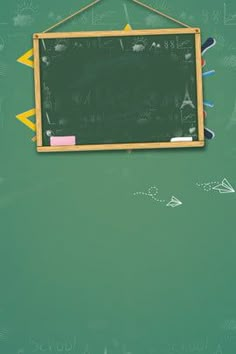 a chalkboard with some writing on it hanging from a rope over a green wall