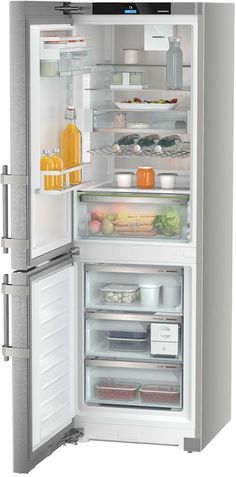 an open refrigerator with the door wide open and food inside it, on a white background