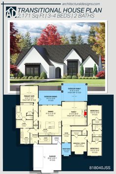 the floor plan for this house is shown in blue and white, with an attached garage