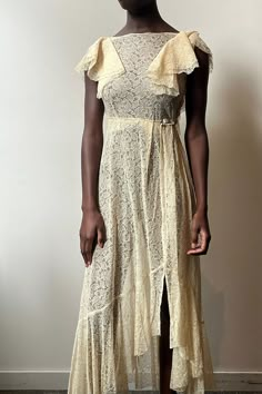 vintage; 1930s; ivory; cotton; lace dress; maxi dress; ruffle detail; see through; one of a kind; free people; vintage dress; Vintage Silk Beaded Dress, Lace Dress Maxi, Paris Fall Fashion, Mesh Lace Dress, 1930s Wedding Dress, Cotton Lace Dress, Dresses And Heels, Fresh Fashion