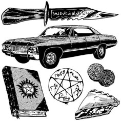 an old car with various items on it, including a book and pentagramil