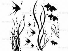 black and white silhouettes of seaweed, fish and bubbles on a white background