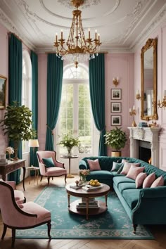 a living room filled with furniture and a chandelier