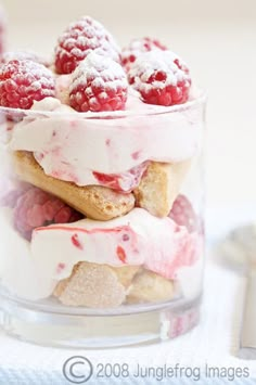 there are raspberries on top of the cookies in this glass jar with ice cream and marshmallows