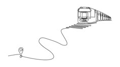 a black and white drawing of a train coming down the tracks with a long wire running through it