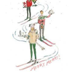 three skiers are standing in the snow and one is holding a christmas tree, while the other holds a sled