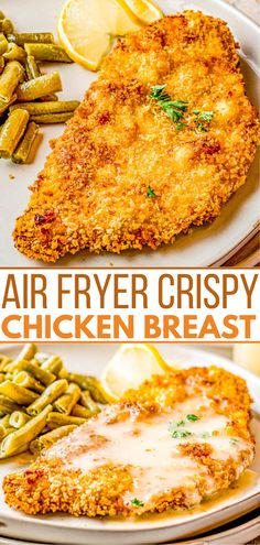 air fryer crispy chicken breast on a plate with green beans and lemon wedges