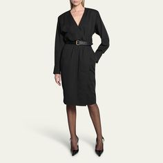 Saint Laurent wrap dress featuring a leather belt and gathered waist seam Surplice neckline Long sleeves; button cuffs Side slip pockets Sheath silhouette Knee length Hidden closure Viscose Professional cleaning recommended Made in Italy Belted Wrap Dress, Cocktail Jacket, Surplice Neckline, Short Suit, Professional Cleaning, Lingerie Sleepwear, Bergdorf Goodman, Handbags On Sale, Coat Dress