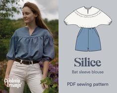 a woman wearing a blue blouse and white pants with the text slice bat sleeve blouse sewing pattern