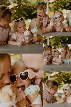 a collage of photos with people eating ice cream and smiling at each other while wearing sunglasses