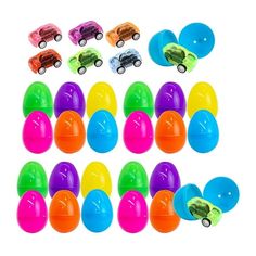 many different colored plastic eggs with cars on them