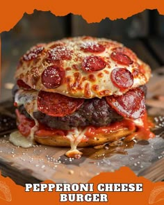 a cheeseburger with pepperoni on it is sitting on top of a wooden table