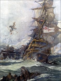 an image of a ship in the water with people on it and another boat near by