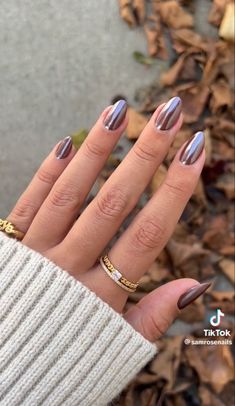 Chrome French Tip Nails Fall, Glazed Nail Colors, Brown Nail With Chrome, Nails Trend Fall 2023, Summer To Fall Nails 2023, Fall Chrome Dip Nails, Autumn Nails With Chrome, Trending Nails Fall 2023, Acrylic Nails Fall 2023