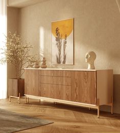 a living room with an art piece on the wall and wooden furniture in front of it