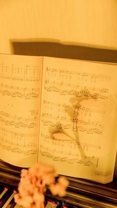 an open book with sheet music on it and flowers in the corner next to it