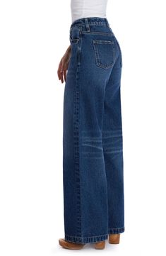 Effortlessly cool and casual-chic, these nonstretch jeans flaunt a high waist and full-length wide legs that create a dramatic silhouette. 32" inseam; 24" leg opening; 10 1/2" front rise Zip fly with button closure Five-pocket style 100% cotton Machine wash, tumble dry Imported Chic Medium Wash Full-length Flare Jeans, Chic Medium Wash Full Length Flare Jeans, Chic Full Length Flare Jeans In Medium Wash, Chic Full Length Medium Wash Flare Jeans, Modern High Rise Dark Wash Flare Jeans, Classic High Rise Relaxed Fit Wide Leg Pants, Classic High Rise Wide Leg Pants With Relaxed Fit, Modern Medium Wash Full Length Bottoms, Modern Full-length Bottoms In Medium Wash