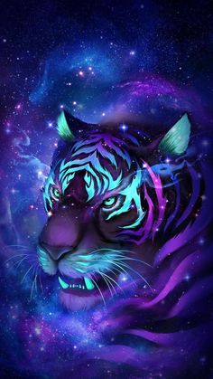 a purple and blue tiger with stars in the background