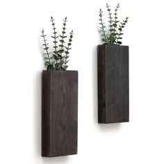 two wooden vases with plants in them