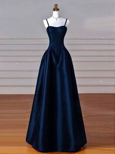 Navy Blue Dress For Prom, Dark Color Prom Dress, Closed Back Prom Dress, Pretty Prom Dresses Blue, Simple Formal Dress Classy, Dark Colour Dresses, Navy Gala Dress, Midnight Blue Satin Dress, Dark Blue Dress Elegant