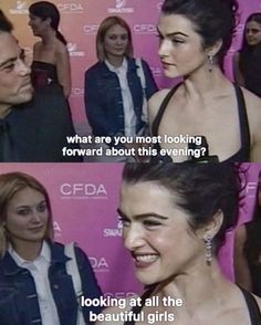 two people talking to each other in front of a pink background with the caption saying what are you most looking forward about this evening?