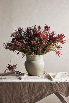 a white vase filled with red flowers sitting on top of a table next to a brown cloth