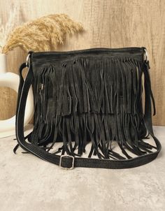 Soft Real Suede Leather Black Fringe Tassel Crossbody Bag/ Suede Leather Black Shoulder bag Fringe bags/ Black Suede Bags Gifts for her Zipper closure on top  2 fringed layers design  Back zipped pocket  Internal zipped pocket  Silver tone metal hardware  Fully lined inside  Soft Real Suede Leather  Handle drop: 60cm  Dimensions: H30cm x W32cm x D4cm Black Travel Shoulder Bag With Tassels, Black Tasseled Hobo Bag, Black Bags With Tassels For Everyday Use, Black Tassel Bag For Everyday Use, Black Hobo Bag With Fringe For Daily Use, Black Rectangular Bag With Fringe, Black Fringe Hobo Bag For Daily Use, Black Tassel Crossbody Bag, Black Fringe Shoulder Bag For Travel