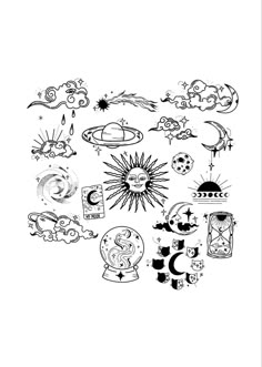 an image of the sun, moon and stars tattoo designs on a white background with black ink