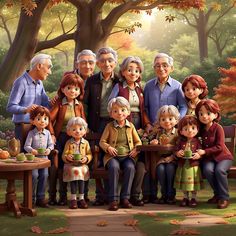 a painting of an extended family sitting on a bench in the park with autumn leaves around them