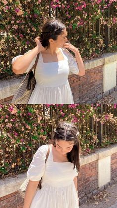 a woman wearing a white dress and carrying a handbag is shown in three different pictures