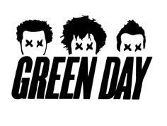 the green day logo with three men's haircuts in black and white