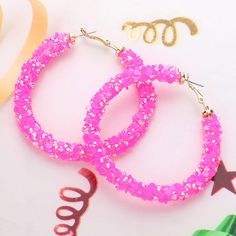 Neon Pink Beaded Fun Fashion Hoop Earrings | 2.5