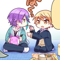 two anime characters sitting on the floor and one is holding a piggy bank while the other has a thought bubble