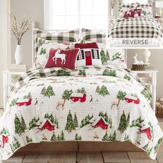 a bed with christmas themed comforters and pillows on it, along with the words reverse