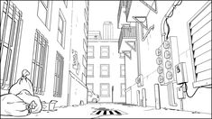 a black and white line drawing of an alleyway in new york city with buildings on either side