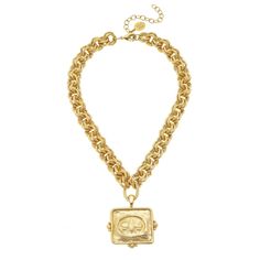 Squared Bee Intaglio on Textured Double Linked Chain Necklace 16 inches with a 3 inch Extender Chain Handcast 24Kt Gold Plated Handmade in San Antonio, TX Gold Medallion Necklace With Chain, Gold Medallion Necklace With Chain Detail, Gold Cable Chain Necklaces For Jewelry Making, Elegant Necklace With Chunky Chain And Medallion, Elegant Medallion Necklace With Chunky Chain, Gold-tone Pendant Medallion Necklace, Yellow Gold Necklace With Chunky Chain Pendant, Gold Necklace With Square Pendant Chain, Gold Jewelry With Square Pendant Chain