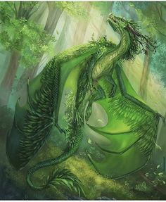 a green dragon sitting on top of a lush green forest