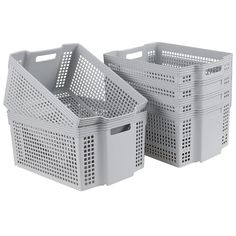 two gray plastic baskets sitting next to each other