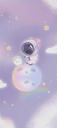 an astronaut cat sitting on top of a moon in the sky with clouds and stars