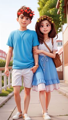 a boy and girl are standing on the sidewalk with their arms around each other's shoulders