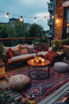 A beautifully designed small balcony decorated with string lights, colorful cushions, and intricate rugs, exuding cozy apartment style. Apartment Terrace Ideas Rooftops, Flat Roof Balcony Ideas, Patio Inspiration Apartment, Roofless Balcony Ideas, Apartment Patio Makeover, Cute Patio Ideas Small Balconies, Terrace Ideas Apartment, Uncovered Balcony Ideas, Small Balcony Aesthetic