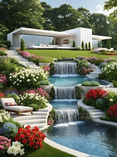 this is an artist's rendering of a house in the garden with flowers and waterfall